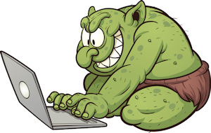 Fat internet troll using a laptop. Vector clip art illustration